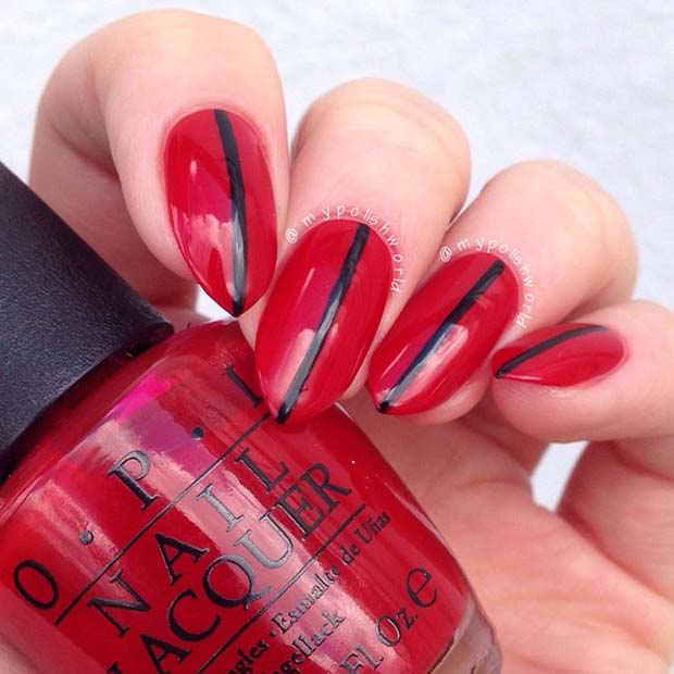 Red Nails with a Black Stripe