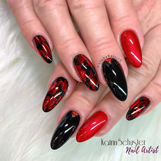Red and Black Nails with Red Foils