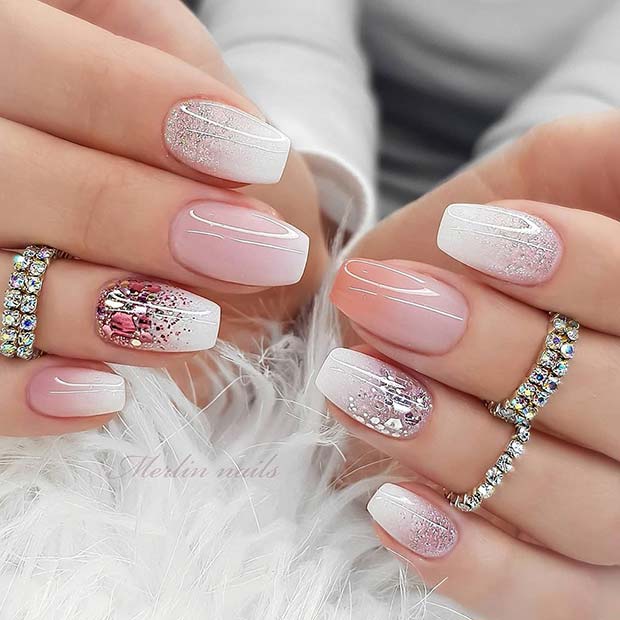 Short Pink and White Glitter Nails