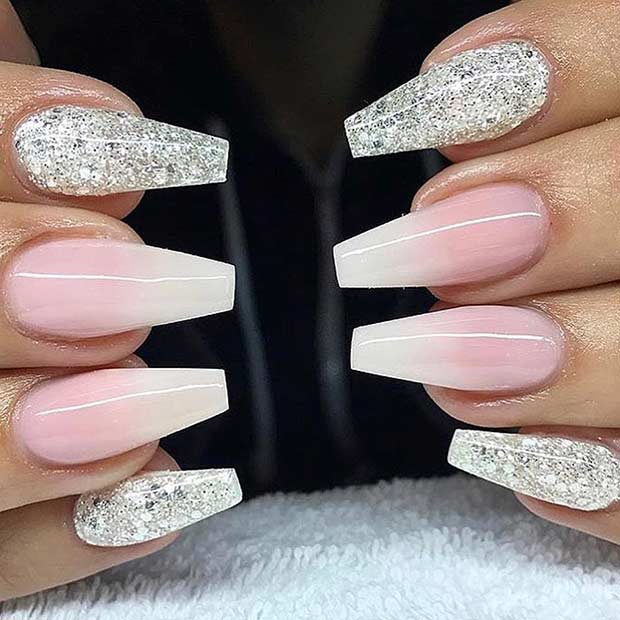 White Glitter and French Ombre Nails