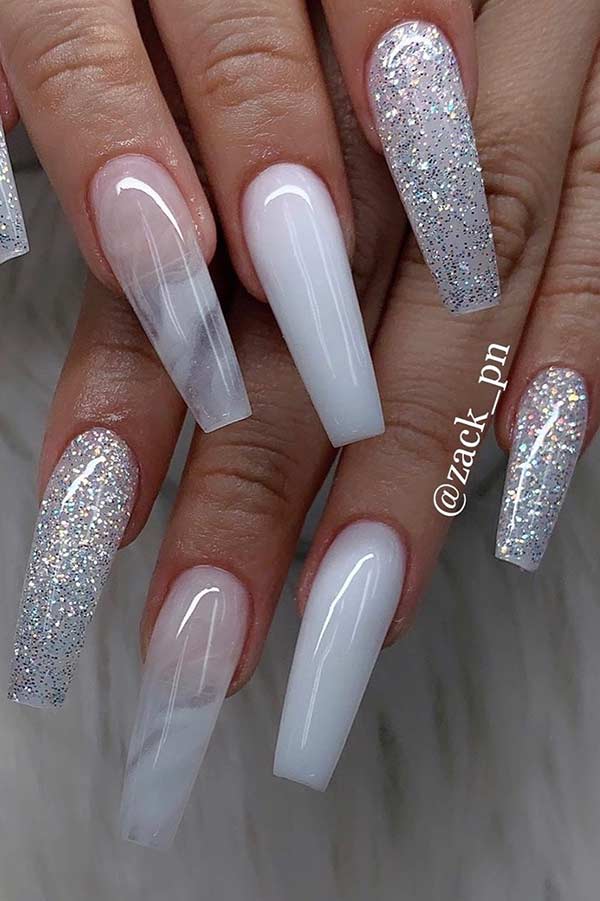 White and Silver Glitter Coffin Nails
