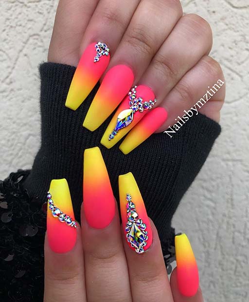 Neon Nails with With Rhinestones
