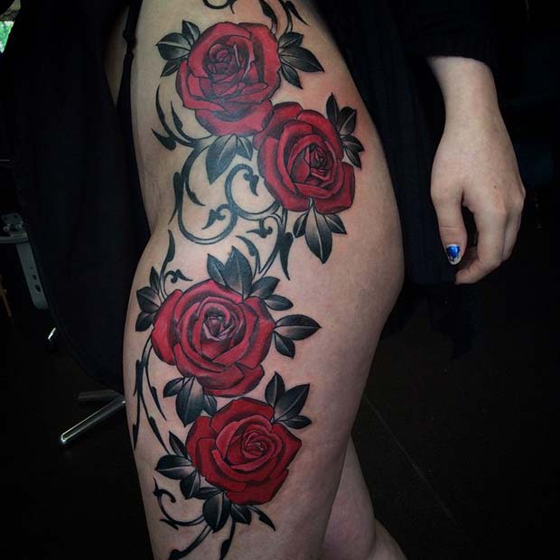 Bold Red Roses Thigh and Leg Tattoo 