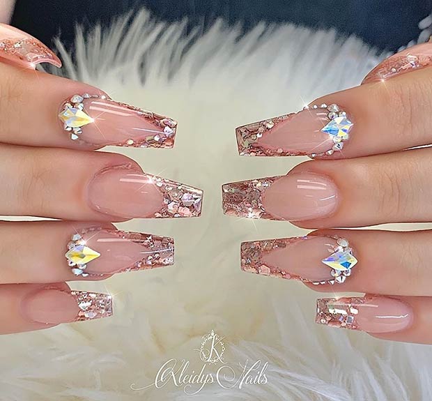 Coffin Nails with Glitter Tips
