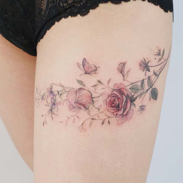 Pretty Rose Thigh Tattoo