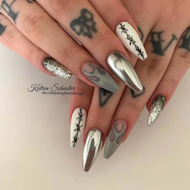 Edgy Silver Nails with Flames