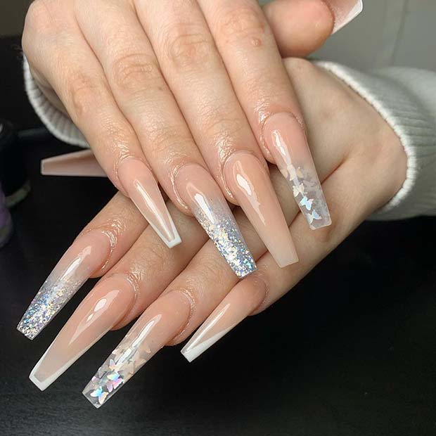 Elegant Nude Mani with Silver Butterflies