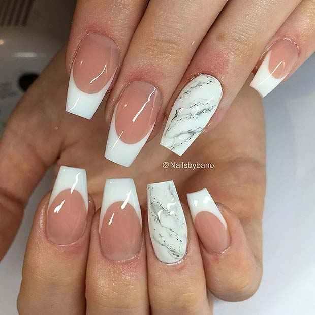 French Tips with Sparkly Marble Art