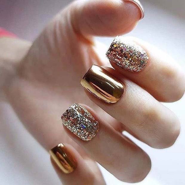 Glam Gold Chrome and Glitter Nails