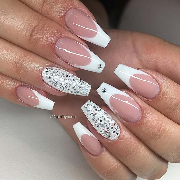 Glitzy Coffin Nails with French Tips