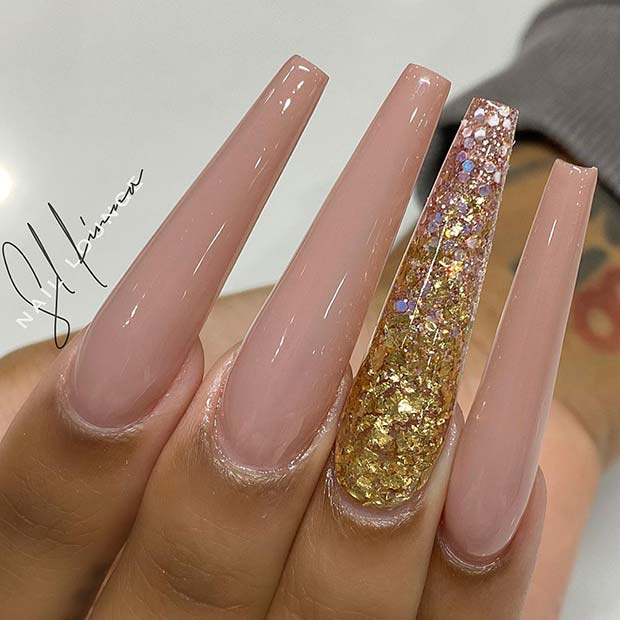 Nude and Gold Glitter Long Nails
