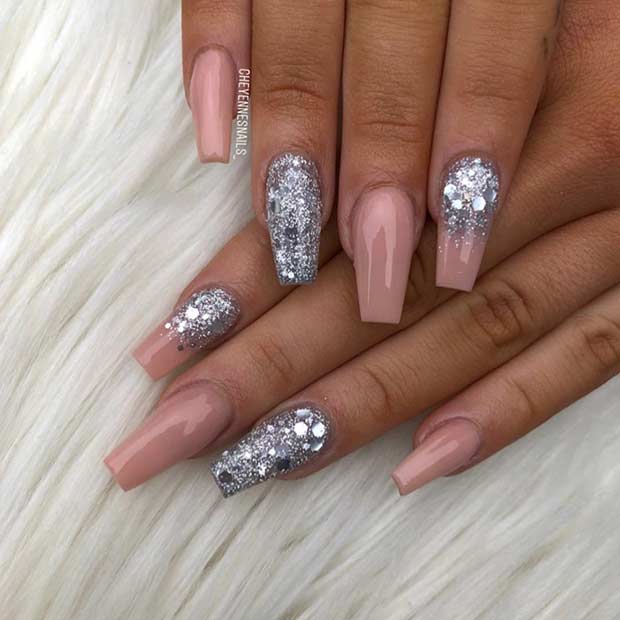Nude and Silver Glitter Coffin Nails