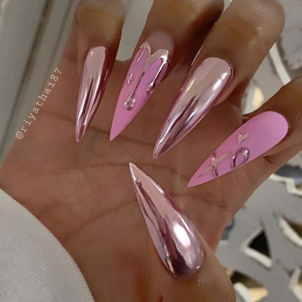 Pretty Pink Matte and Chrome Nails