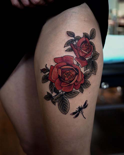 Red Roses with a Dragonfly