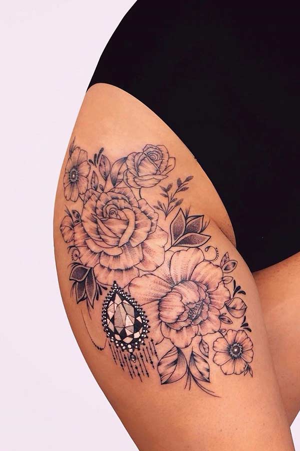 Roses and Flowers Thigh Tattoo