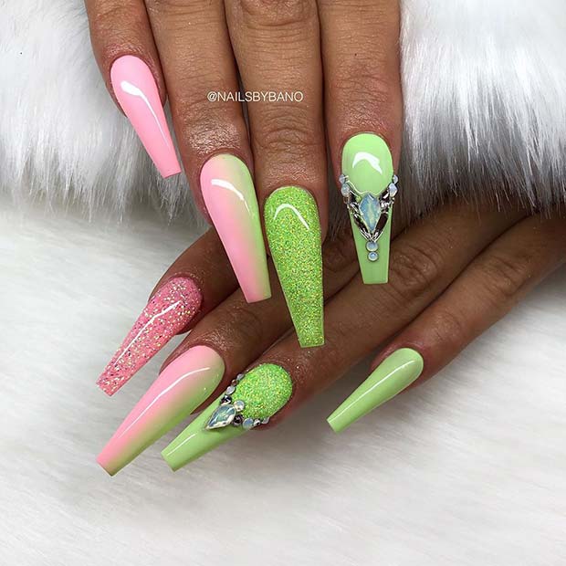 Pink and Green Coffin Nails