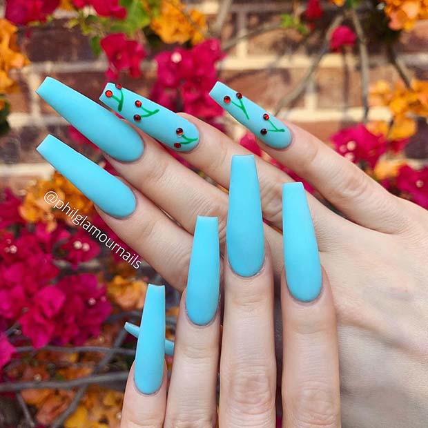 Bright Blue Nails with Cherries