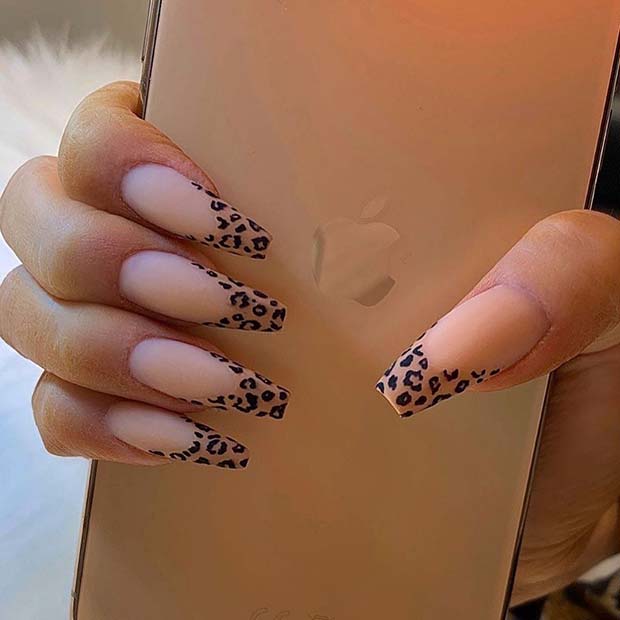 Matte Coffin Nails with Leopard Tips
