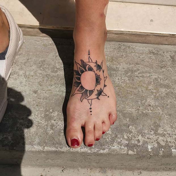Floral Moon and Sun Foot Tattoo