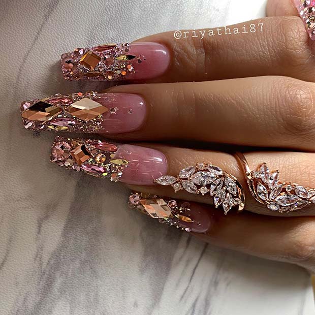 Long Nails with Gold Rhinestones