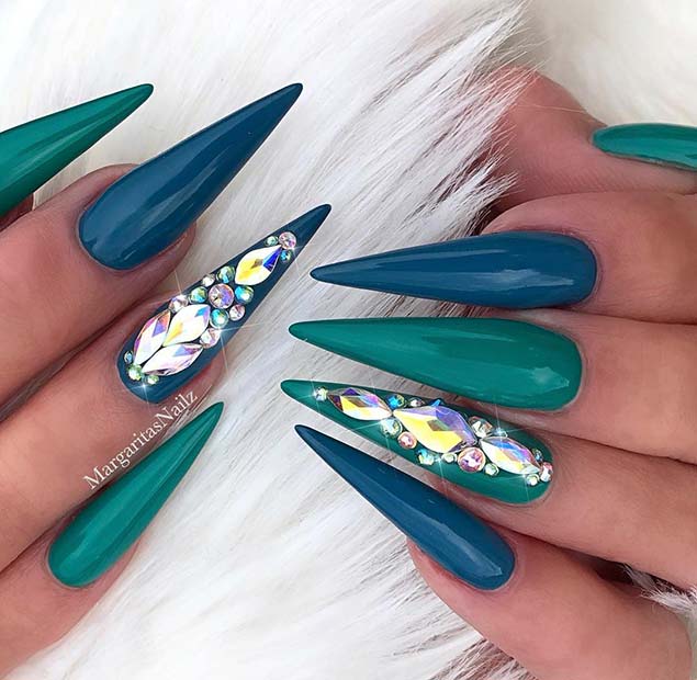 Blue and Teal Stiletto Nails
