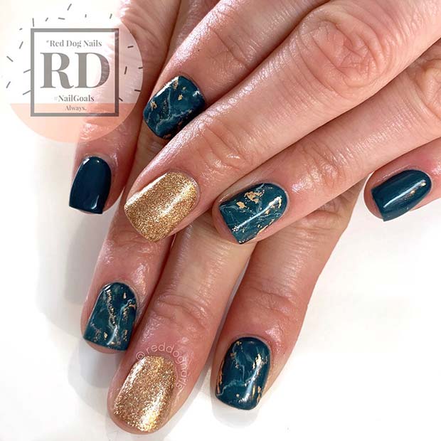 Gorgeous Gold and Teal Nail Design