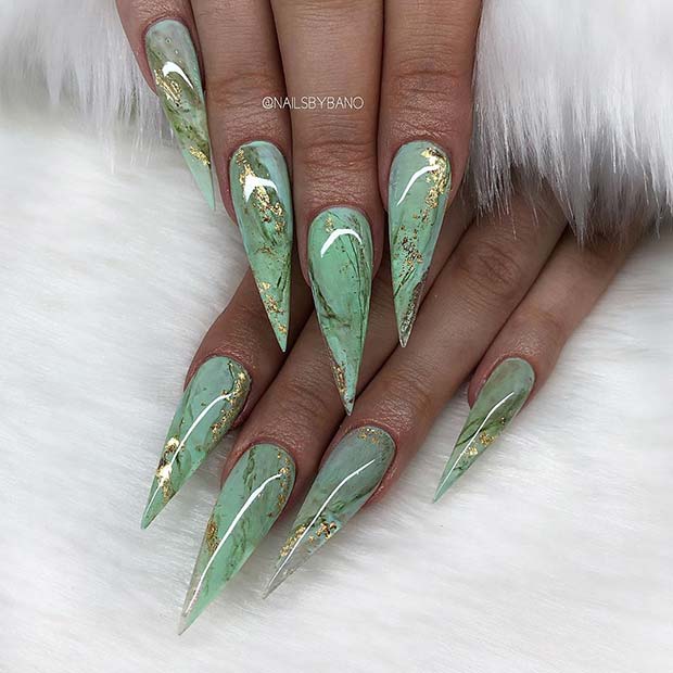 Green Marble Stiletto Nails