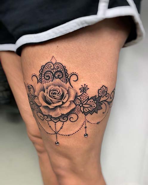 Lace Garter Tattoo Design with a Rose