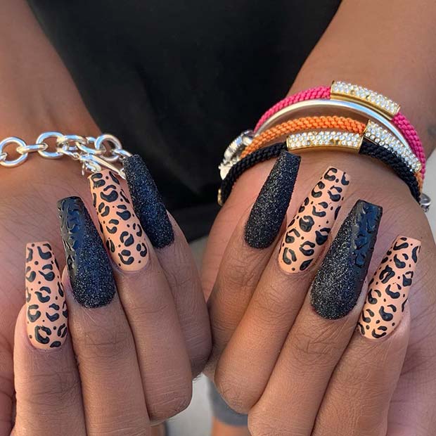 Leopard And Glitter Nail Art