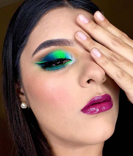 Neon Blue and Green Eye Makeup Look