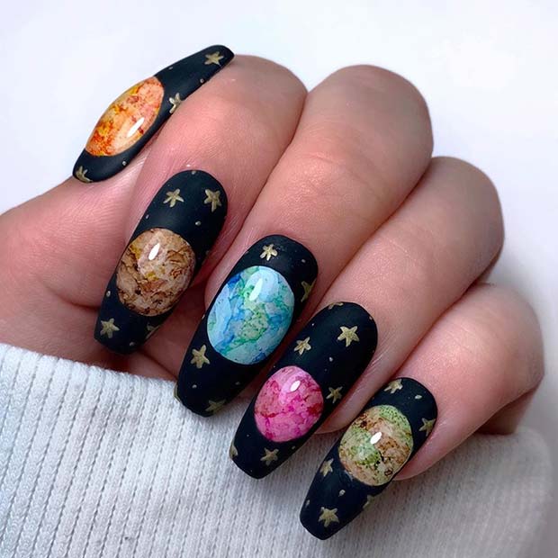 Black Nails with Stars and Planets