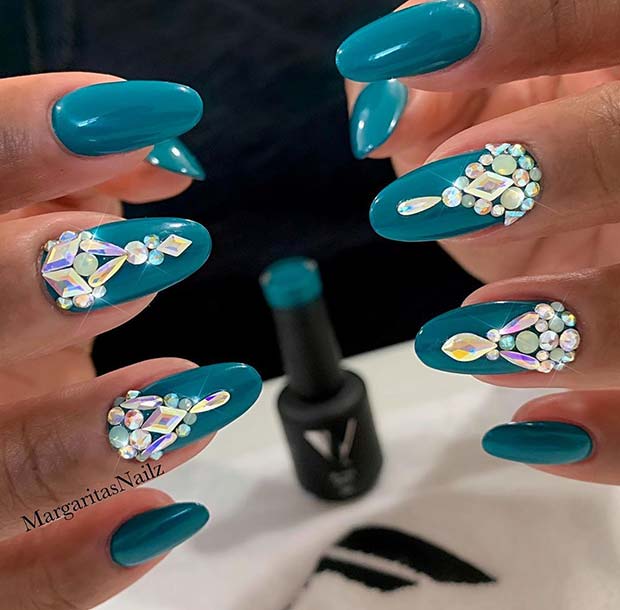 Teal Nails with Rhinestones
