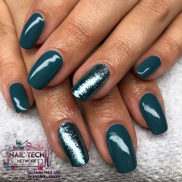 Teal Nails with a Glitter Accent Nail