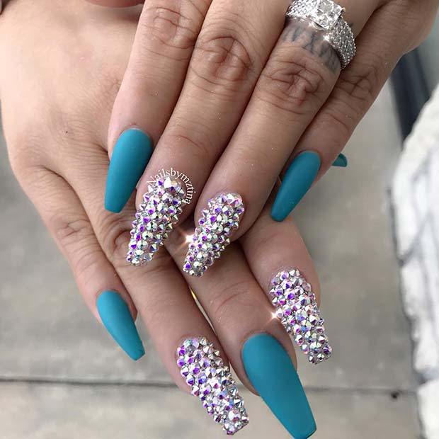 Matte Teal Nails with Rhinestones