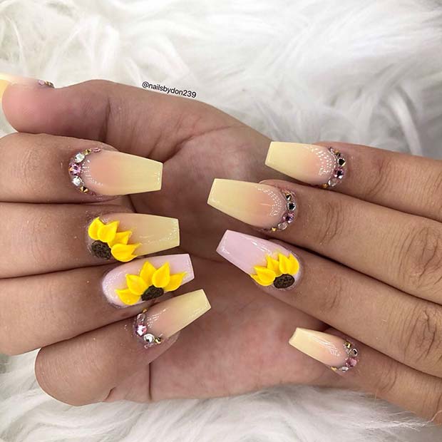 Sunflower Nails with Rhinestones
