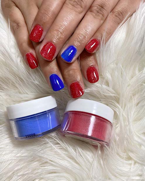 Bold Red and Blue Dip Nails