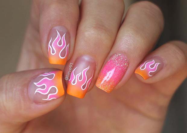 Pink and Orange Flame Nails
