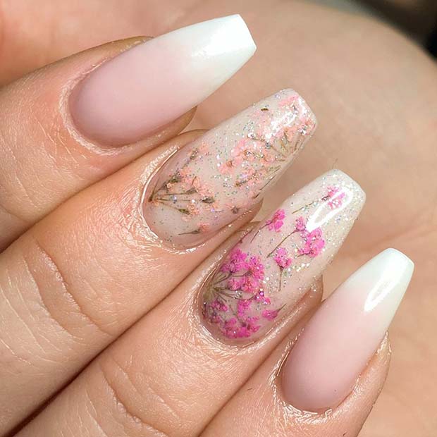 French Ombre Nails with Floral Nail Design