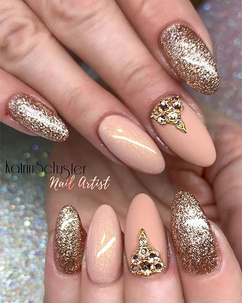 Glam Nude and Gold Nail Design