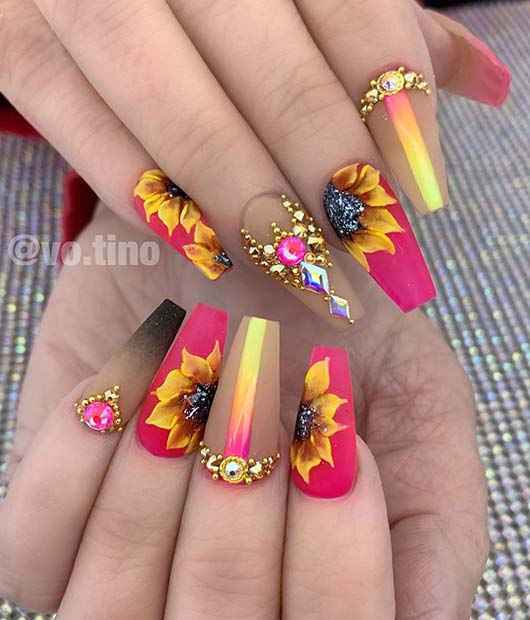 Glam Pink Nail Design with Sunflowers 