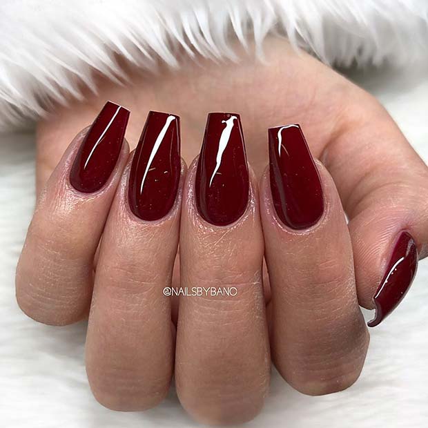 Glossy Maroon Coffin Nails