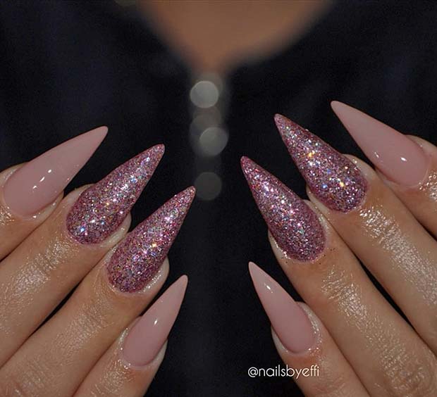 Light Pink Stiletto Nails with Glitter