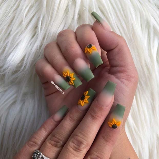 Matte Green Ombre Nails with Sunflowers