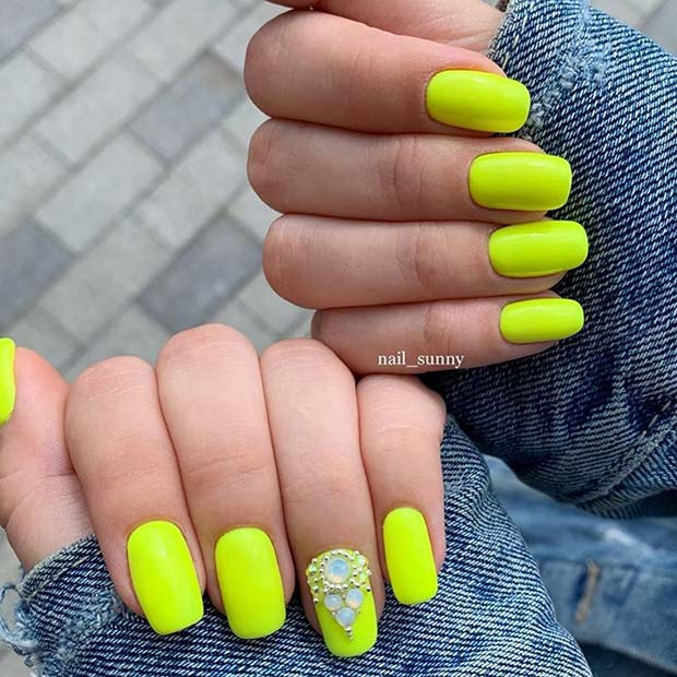 Neon Yellow Nails with Rhinestones