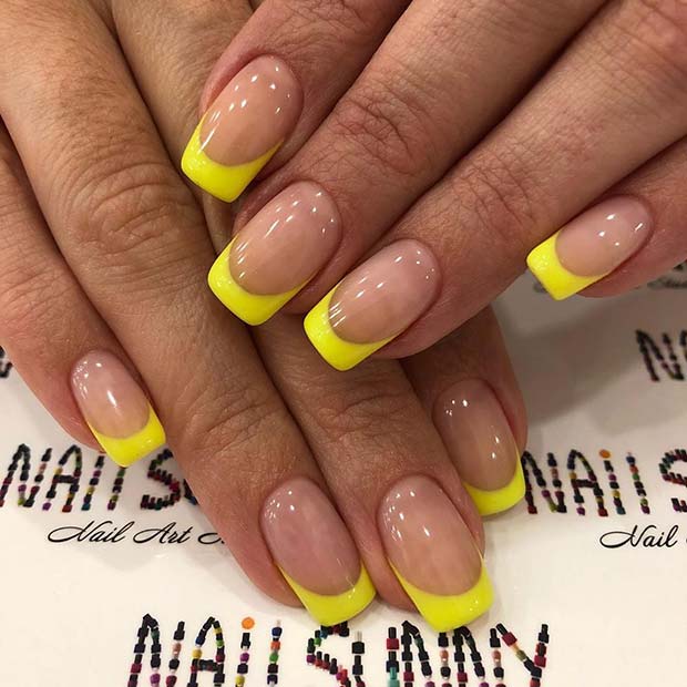 Nude Nails with Neon Yellow Tips