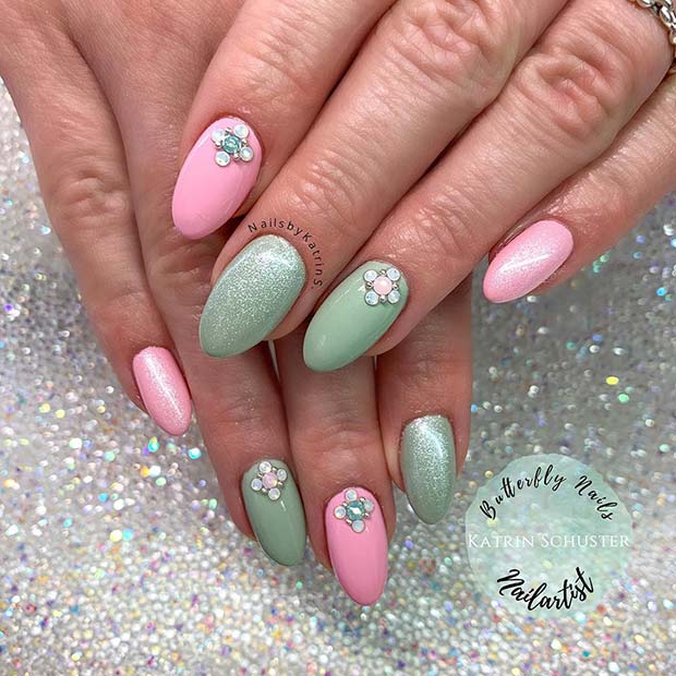 Pastel Pink and Green Nails