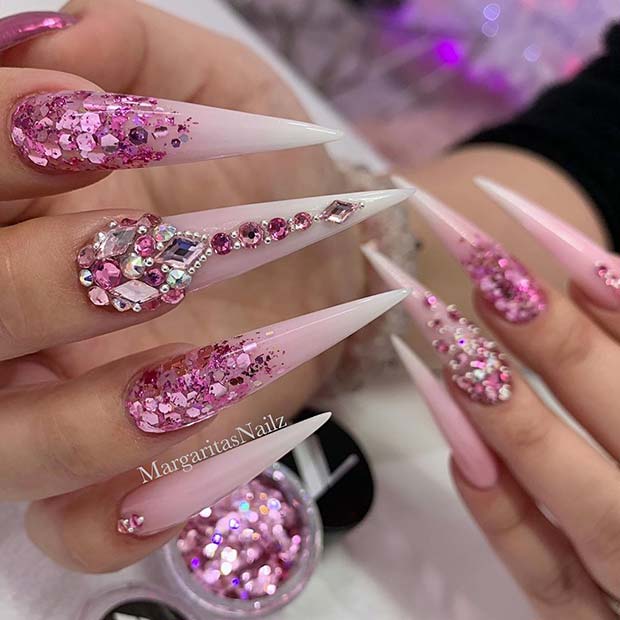 Pink Glitter Ombre Stiletto Nails with Rhinestones
