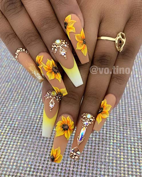 Bold Sunflower Nails with Rhinestones 