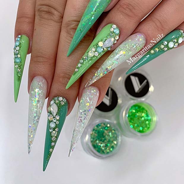Vibrant Green Stiletto Nails with Rhinestones