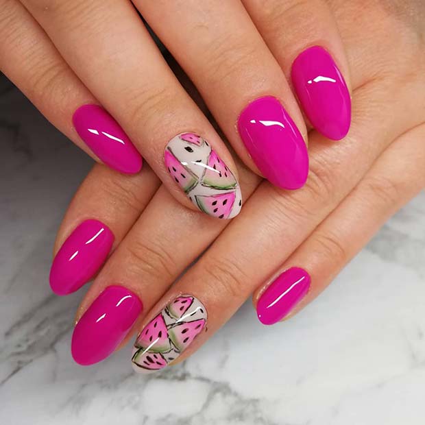 Vibrant Pink Oval Nails with Watermelon Art